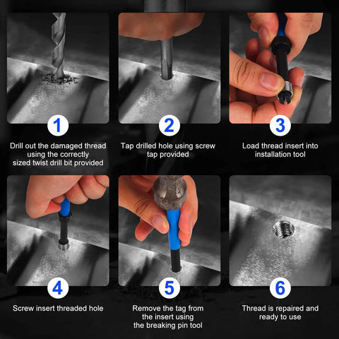 30 Piece SAE Thread Repair Kit With HSS Drill Bit And Helicoil Style Wire Thread Inserts For Internal Thread Repair demonstration