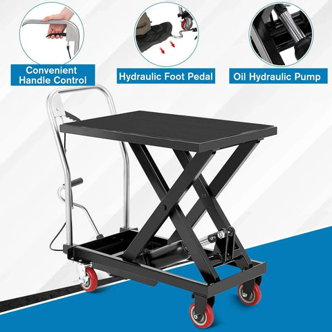 Hydraulic lift table cart with scissor lift, black steel, non-slip pad, 500 lb capacity, 28.5 in lift height, four casters