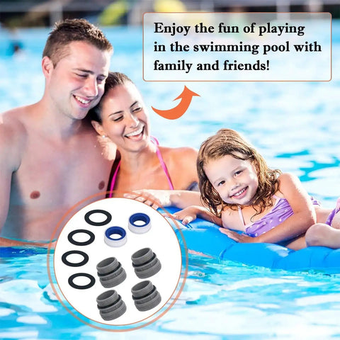 Family enjoying pool with Universal Pool Hose Conversion Adapters Kit 40mm To One And A Half Inch Four Pack shown in inset