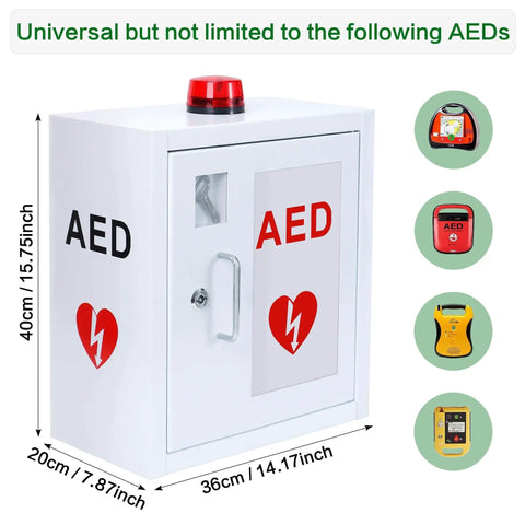 AED Cabinet Wall Mounted Defibrillator Storage in Stainless Steel with Snap Lock Alarm Bell and Warning Light, fits all brands.