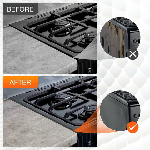 Before and after image of stove area using Stove Gap Covers 13.8 To 27.5 Inch Adjustable Black 2 Pack Gap Filler Guards