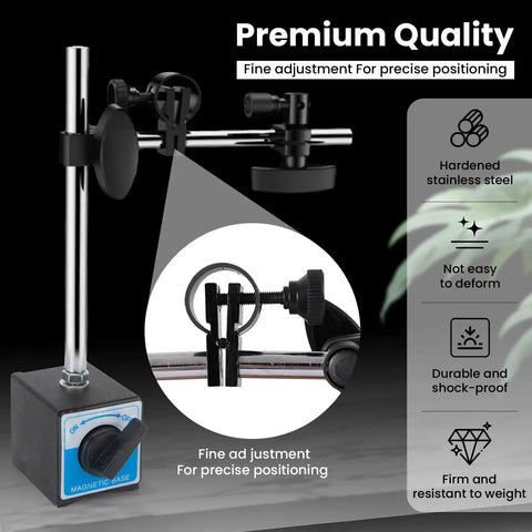 Pro Grade Dial Indicator With Magnetic Base And Point Precision Inspection Set Long Arm Dial Test Indicator 0 To 1 Inch Range 0.001 Inch Resolution Magnetic Base Holder With Fine Adjustment Blue, showing close-up of magnetic base and long arm.