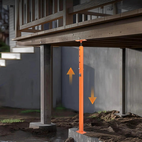 Heavy Duty Floor Jack Post Lift 53 To 93 Inch Adjustable Height 18000 Lbs supporting wooden deck with concrete base