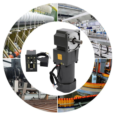 200W 110V AC Gear Motor with 36Nm Gearbox, governor, variable speed controller, and 90-degree right angle output in industrial setup