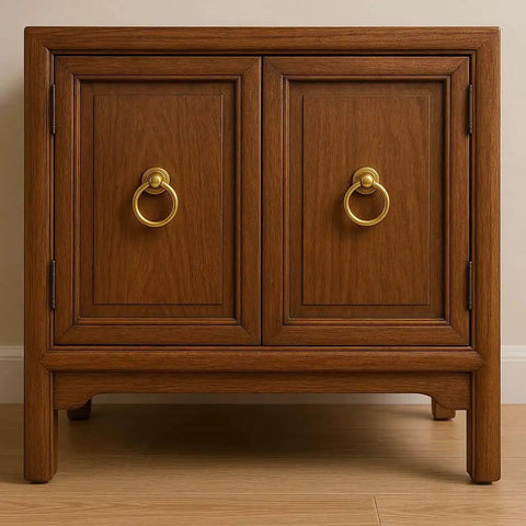 Wooden cabinet with Antique Brass Ring Cabinet Pulls Set Of 2 for dresser drawers, vintage solid brass hardware detail visible.