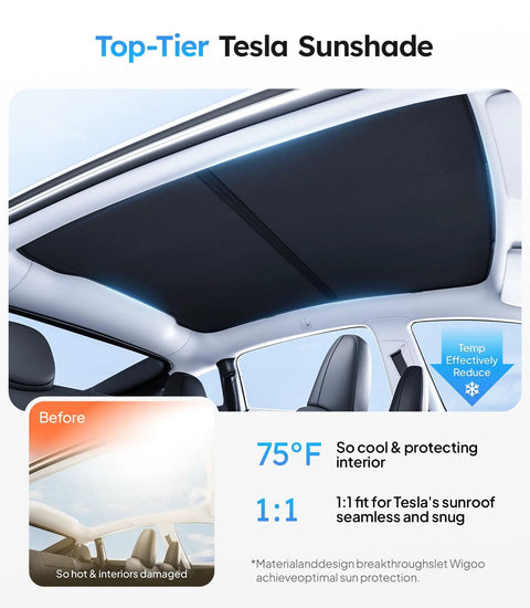 Tesla Model Y Juniper Glass Roof Sunshade With Heat Insulation Nano Ice Coating installed, interior view showing seamless fit.