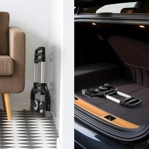 Folding Hand Truck Dolly Cart With Telescoping Handle From 24 To 39 Inches shown collapsed next to sofa and in car trunk