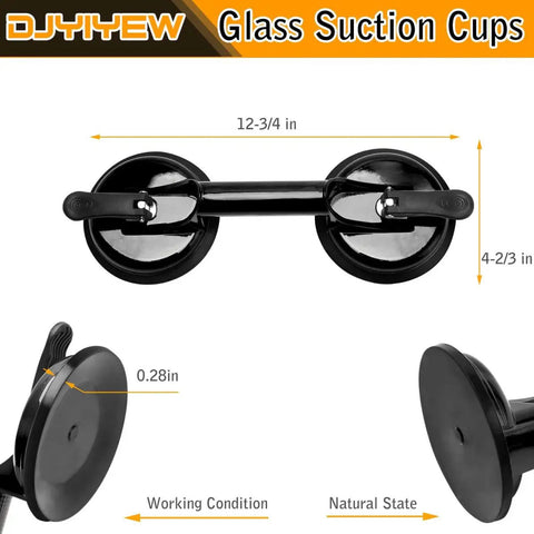 Heavy Duty Aluminum Suction Cups With Vacuum Handle Glass And Tile Lifter showing dimensions and close-up details, black color.