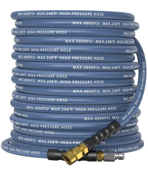 Navy blue 3/8 in ID pressure washer hose, 100 ft, steel-braided, 4800 PSI with 3/8 in swivel quick-connect