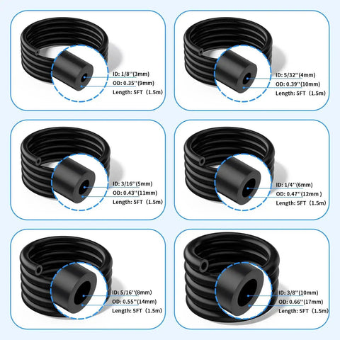 Six Piece Silicone Vacuum Hose Kit High Performance Tubing Set For Automotive And HVAC 130 PSI Max 5 Feet Each Inner Diameters 1/8, 5/32, 3/16, 1/4, 5/16, 3/8 Inches Black shown with dimensions.