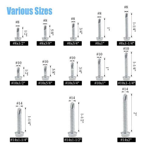 320 Piece 410 Stainless Steel Hex Washer Head Self Drilling Sheet Metal Screws Assortment Kit size chart with various screws