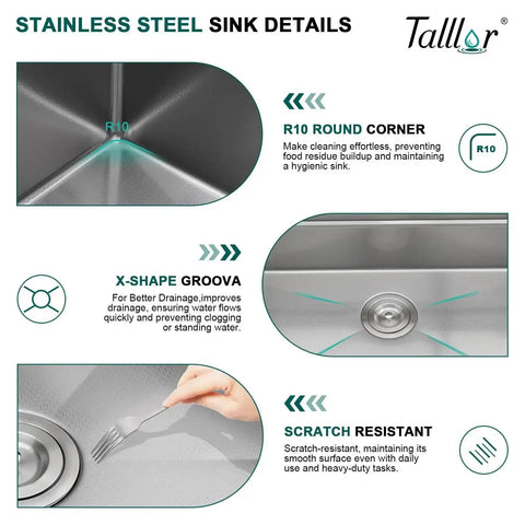 Slick Smart Waterfall 30 Inch Drop In Kitchen Sink details showing R10 corners, X-shape grooves, and scratch-resistant surface