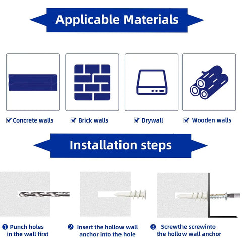 Infographic showing applicable materials and installation steps for the 260 Pcs Self Drilling Drywall Anchors Set With Nylon Plastic Wall Anchors And Screws For Drywall No Pre Drill Hole Preparation Required Three Sizes 10x35mm 13x42mm And 15x32mm Durable Zinc Steel Screws For Indoor Or Outdoor Use.