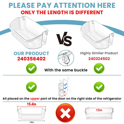 Comparison image of Two Pack Upgraded 240356402 Refrigerator Door Bin Replacement with similar product 240324502, highlighting size differences.