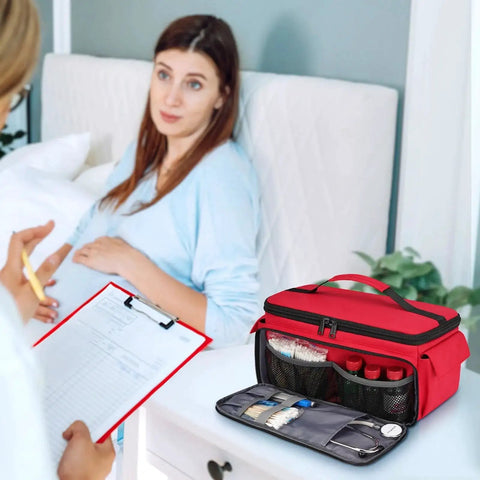 Large Capacity Medical Travel Bag With 12 Pockets And Pill Bottle Organizer on table next to patient and healthcare professional.