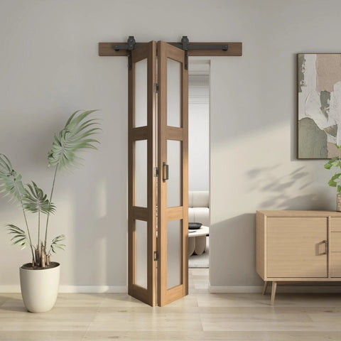 32 Inch Bifold Glass Barn Door Kit with hardware, 3-panel solid wood slab with frosted glass, brown PVC surface, installed view