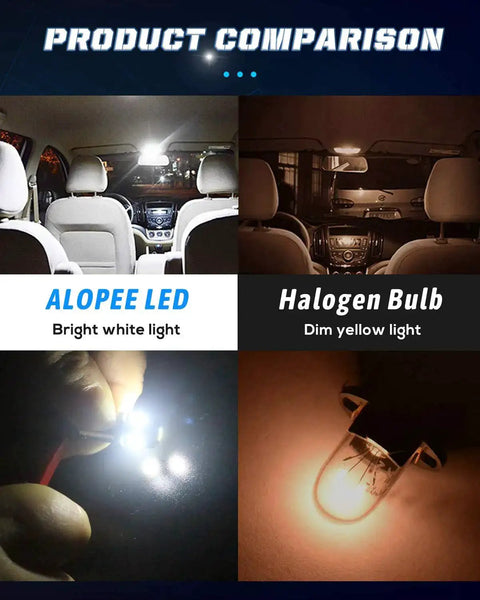 Comparison of 12V White BA9S LED Bulb with halogen, showing bright white vs. dim yellow light in car interior