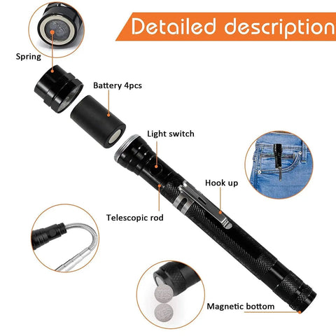 Detailed view of Magnetic Flashlight Gift For Men And Dads Extendable Telescoping Magnet Tool with parts labeled