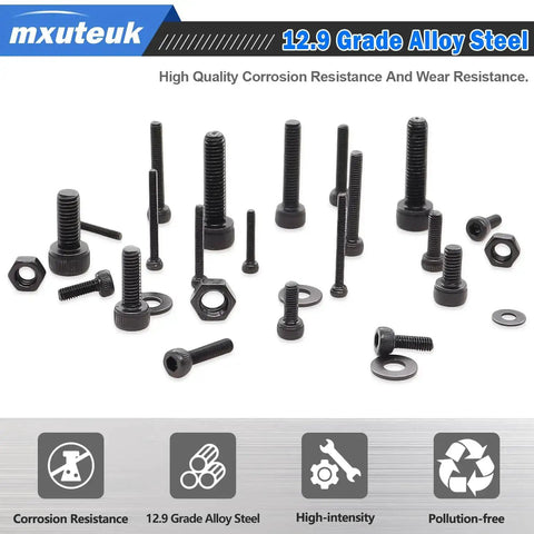Metric Screw Assortment Kit With Lock And Flat Washers For M3 M4 M5 M6 Hex Socket Head Cap Screws 12.9 Carbon Steel Bolts Nuts Set