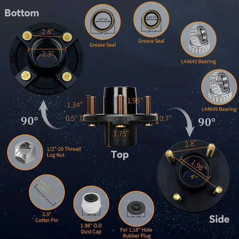 Diagram of 2 Sets 4 Lug Trailer Hub Kit For 2000 Lb Capacity Fits 1 Inch And One Sixteenth Inch Spindles With L44643 And L44649 Bearings Kit