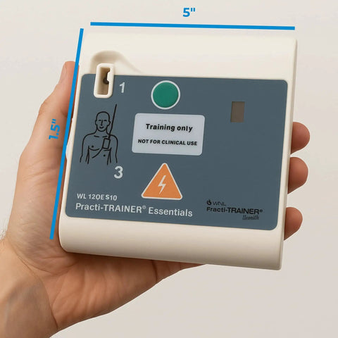 Practi Trainer Essentials AED Training Kit Base Model held in hand, shown with dimensions 5" x 1.5", for CPR and AED practice.