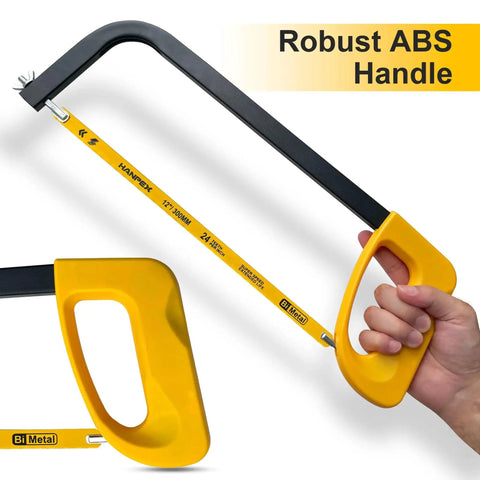 High Tension 12 Inch Hacksaw Frame With 24 TPI Bi Metal Blade for Metal Wood and PVC Carpentry Pro Grade shown held by hand