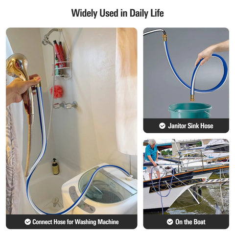 3/4 in x 3 ft blue braided garden hose with female-to-female fittings; shown connected to shower wand, washing machine, and boat.