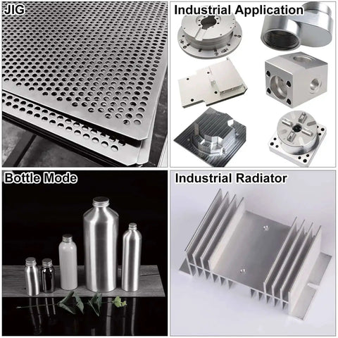 Various aluminum sheet metal applications including perforated sheets, industrial parts, bottles, and radiators.