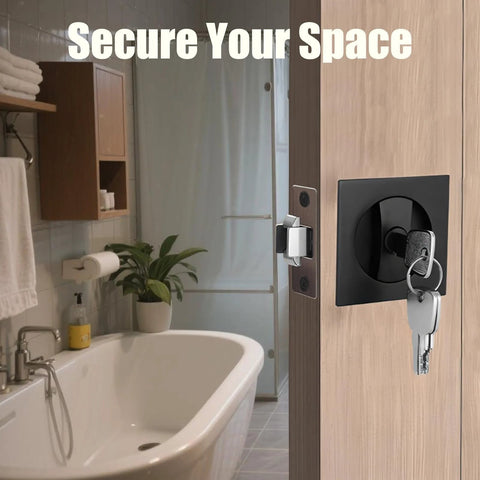 Pocket Door Lock With Key Matte Black Privacy Latch for sliding bifold doors in bathroom environment with secure text