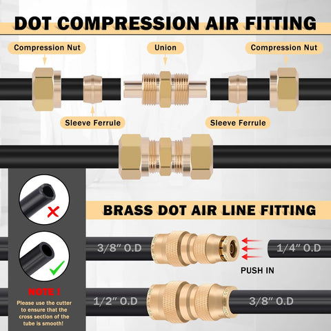 CheeMuii brass DOT air line fittings kit with 3 hose rolls totaling 100 ft in 1/4 in, 3/8 in, and 1/2 in