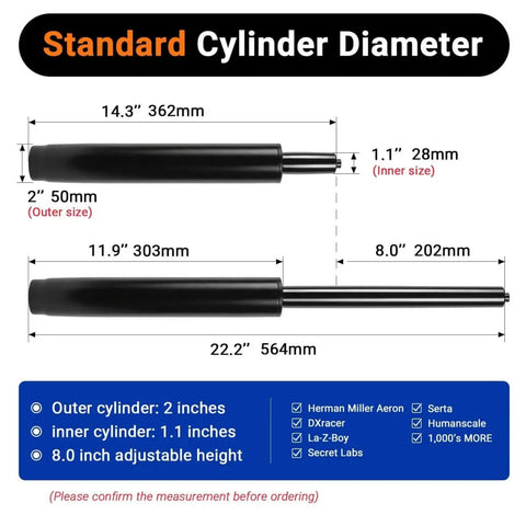 Diagram of Extra Long Office Chair Cylinder Replacement 14 To 22 Inches With 8 Inch Stroke showing dimensions and features.