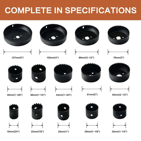 All-in-One Hole Saw Kit 19 Pcs By Axelord With 3/4 To 5 Inch Blades, 14 size options shown with dimensions and black carbon steel finish.