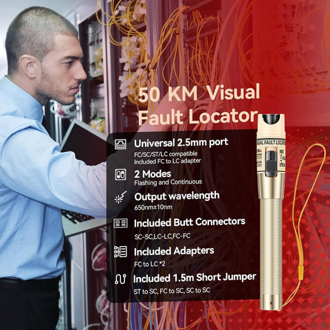 Fiber optic visual fault locator kit with red light pen, 50 KM range, 2.5mm universal port, gold body.