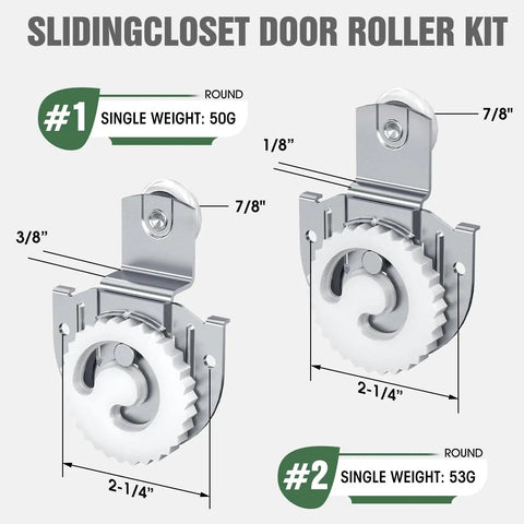 Sliding Closet Door Roller Set For Wardrobes Replacement Rollers Hardware Kit In Silver Eight Piece Pack Quiet Operation And Smooth Glide Durable Wardrobe Sliding Track Wheel System For Easy Low Noise Door Movement, showing dimensions and weight of roller components.