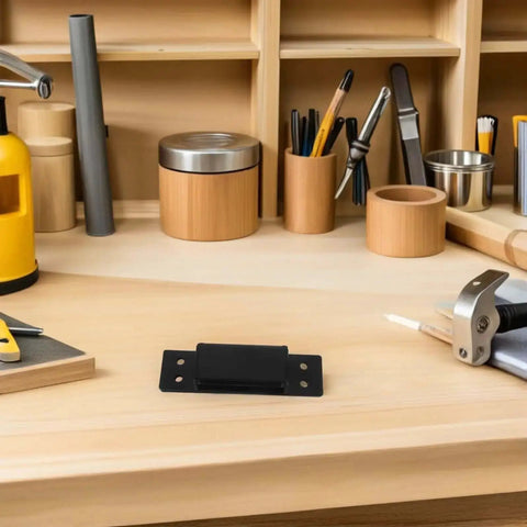 Heavy Duty Adjustable Invisible Door Hinges Black 5-Inch Square Concealed Cabinet Secret Door Hardware on workbench