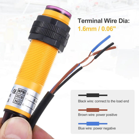 Industrial M18 Photoelectric Sensor With 30cm Diffuse Beam For Quick Setup, NPN NO Three-Line Proximity Switch, wire diagram