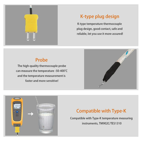 K-type thermocouple temperature probe set, 5 pcs, 3 m cables, mini-connector, TM902C/TES1310 compatible