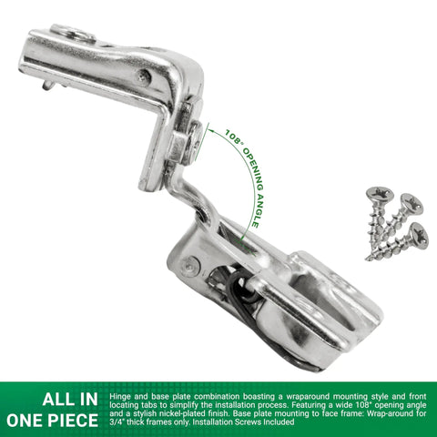 Premium USA Made 108 Degree 1-1/4 Inch Overlay Self Close Screw-On Compact Cabinet Hinge with screws visible