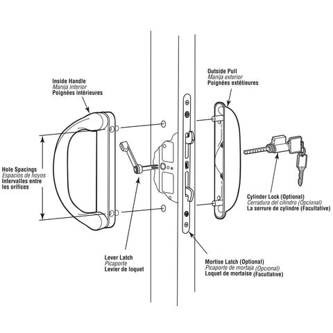 Diagram showing White Diecast Outside Patio Door Pull With Latch For Sliding Doors, 4 15 16 Inch Center Mounting Holes