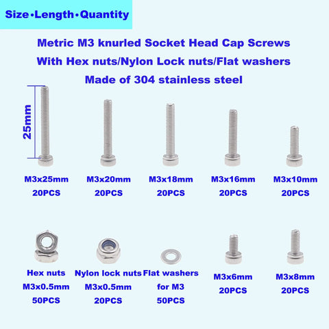 Metric M3 Stainless Steel Socket Head Cap Screws Kit With Hex Nuts Nylon Lock Nuts Flat Washers 260 Pc Set Includes 6Mm to 25Mm Lengths