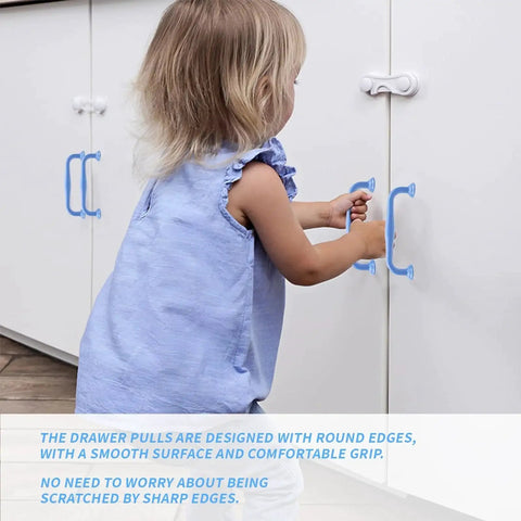 Child holding 4 Pack Blue Aluminum Cabinet Pulls With 3.78 Inch Hole Centers 96mm And 4.49 Inch Length 114mm on cabinet doors
