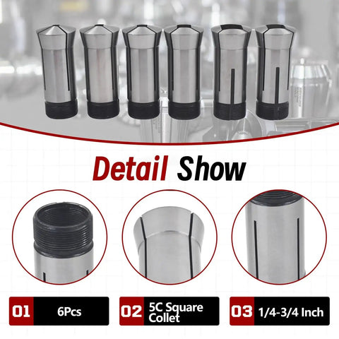 Detail view of 5C Square Collet Set 6 Piece 1/4 To 3/4 Inch Fits Lathe Machining and Turning with individual packaging