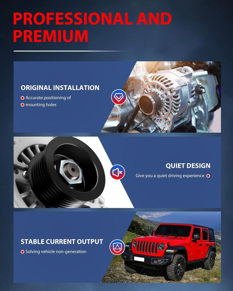 Beefed Up 90 Amp 12V Alternator For Honda CRV 2.4L 2002 2003 2004 2005 2006 Replacement With CW Rotation And 7 Groove Pulley Replaces 13966 AMT0172 Fits Acura RSX, illustrating installation, quiet design, stable output features.