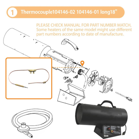 Eighteen Inch Long Propane Heater Thermocouple 28082 Compatible With Mr Heater MH35FA MH38QFA installation diagram