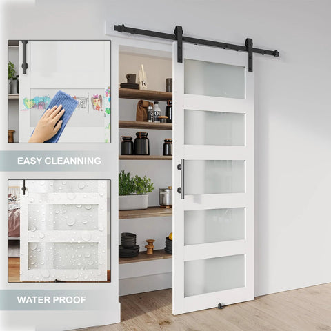White Glass Barn Door Slab 28 By 84 Inches With Frosted Glass, PVC Surface, Included 5 Ft Hardware Kit, installed view
