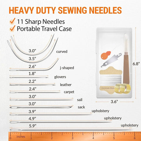 Upholstery Repair Kit With Waxed Thread And Heavy Duty Needles For Leather Canvas And Quilting in a clear case with 11 labeled needles