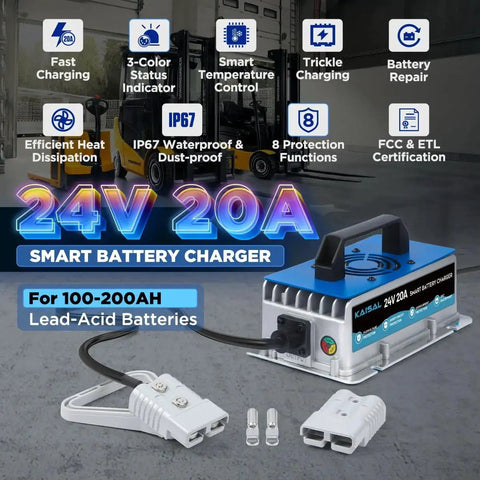 24V 20A Fully Automatic Smart Forklift Charger With 16 Ft Cable for electric pallet jacks, stackers, and scissor lifts