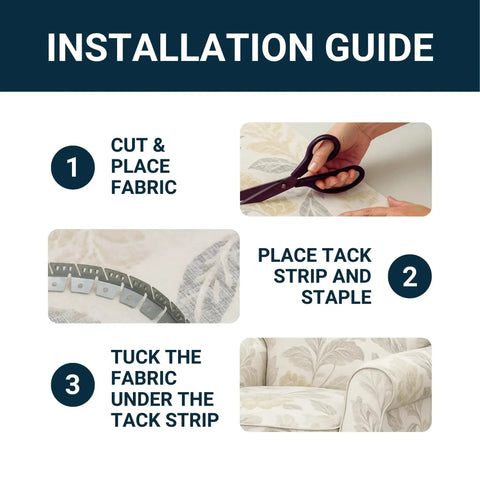 Installation guide for Twenty Foot Metal Flexible Tack Strip For Upholstery With Curve Easy Grip Pro Grade Upholstery Supply For Reupholstering Curves Edges And Cushions Now with fabric cutting, placing tack strip, and tucking fabric.