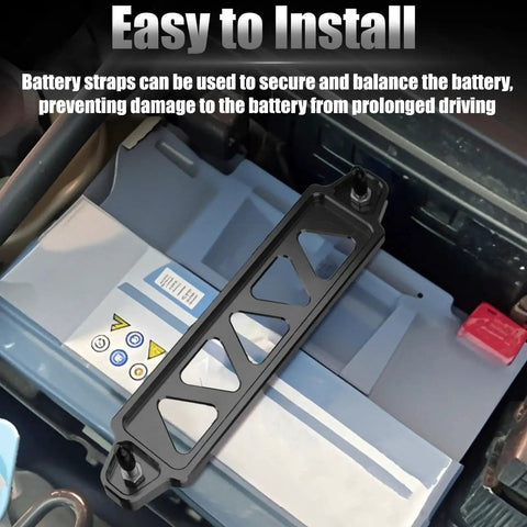 Universal 8.5 Inch Triangular Battery Hold Down Kit With Five Hole Bracket And J Bolts Aluminum Alloy Construction Tough As Nails Built To Last For Car SUV RV Battery Tie Down Mount Black installed on car battery