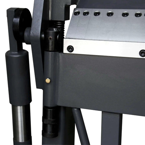Close-up of the Workhorse 40 Inch Box And Pan Brake for 12 Gauge Mild Steel, highlighting foot control and clamp mechanism, PBB4012
